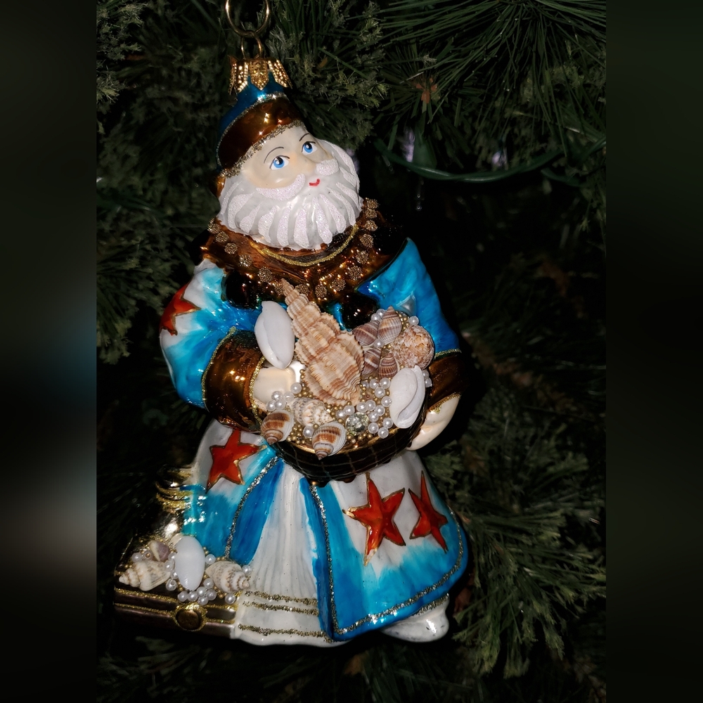 Large Sea Santa Christmas Ornament Neiman Marcus Butterfly Tag blown glass